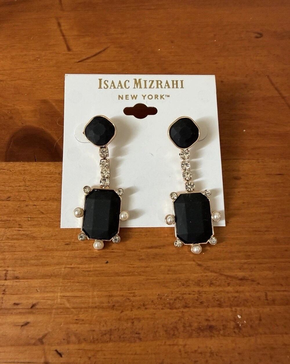 Isaac Mizrahi New York Black Stone Faux Pearl Crystal Drop Earrings NIP